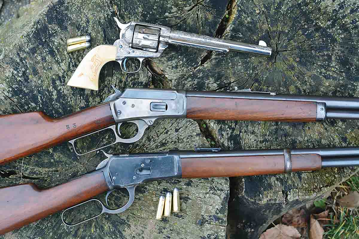 Depending on the burn rate of powder used, generally speaking, .44-40 Winchester handloads containing cast bullets will increase 200 to 300 fps when fired from a rifle as opposed to sixguns. At top is a Colt Frontier Six Shooter, in the middle is an original Marlin Model 1894 and at bottom is a Winchester Model 1892 Carbine.